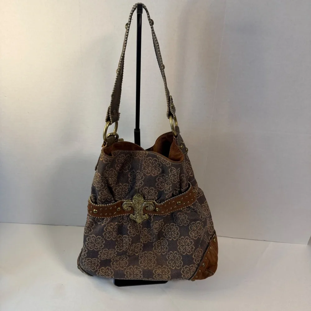 Kathy Van Zeeland Hobo Bag Large Brown Fleur De Lis Studded Y2K Boho Purse